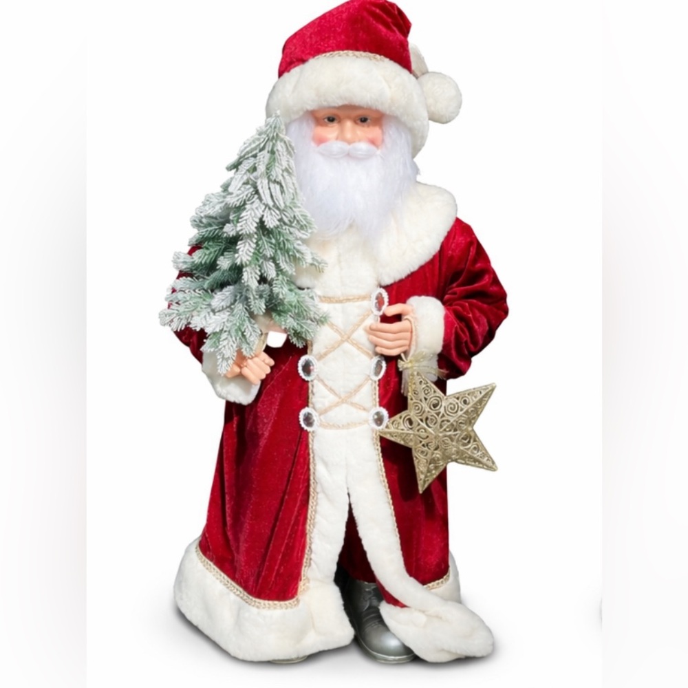 36” Large Standing Santa Claus Figure Holding Tree & Gold Star Holiday Decor